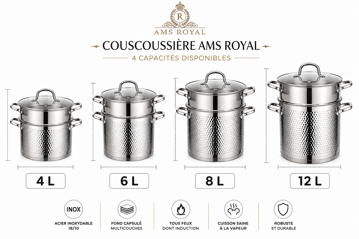 Couscoussière AMS ROYAL - Inox 18/10 Martelé - Compatible Induction