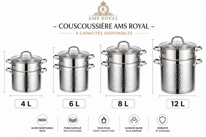 Couscoussière AMS ROYAL - Inox 18/10 Martelé - Compatible Induction