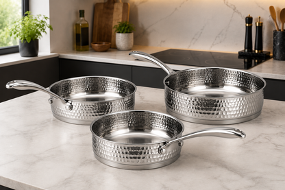 Set de 3 Sauteuses AMS ROYAL - Inox 18/10 Martelé - Compatible Induction