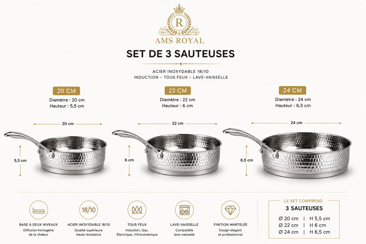 Set de 3 Sauteuses AMS ROYAL - Inox 18/10 Martelé - Compatible Induction