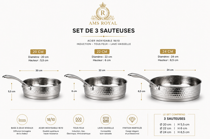 Set de 3 Sauteuses AMS ROYAL - Inox 18/10 Martelé - Compatible Induction