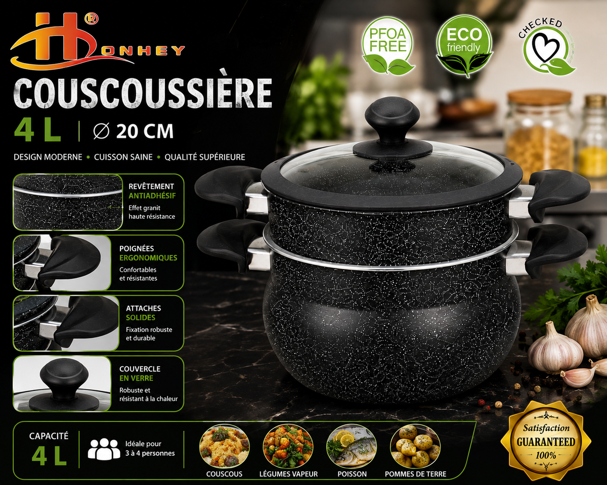 Couscoussière Granite IDONHEY – 4L – 20 cm – Design Moderne & Cuisson Saine