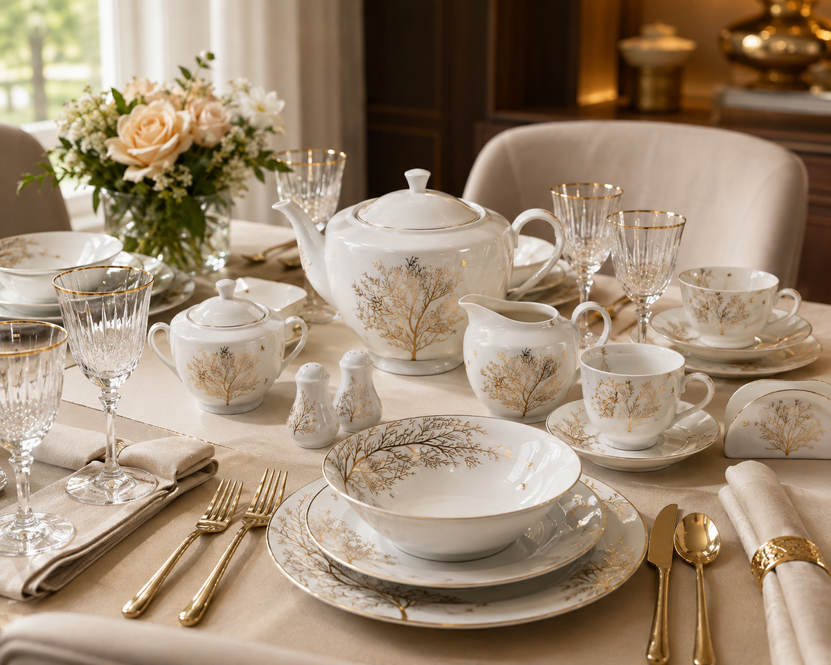 Service de Table Prestigieux "Éclat d'Oasis" L’Excellence de la Porcelaine Tunisienne (72 pièces)