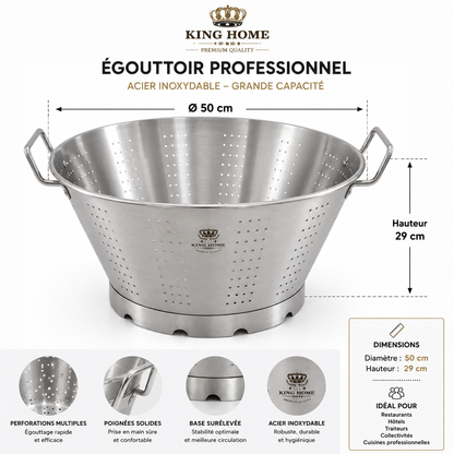 Égouttoir Professionnel en Acier Inoxydable KING HOME – Format XXL (Ø 50 cm)