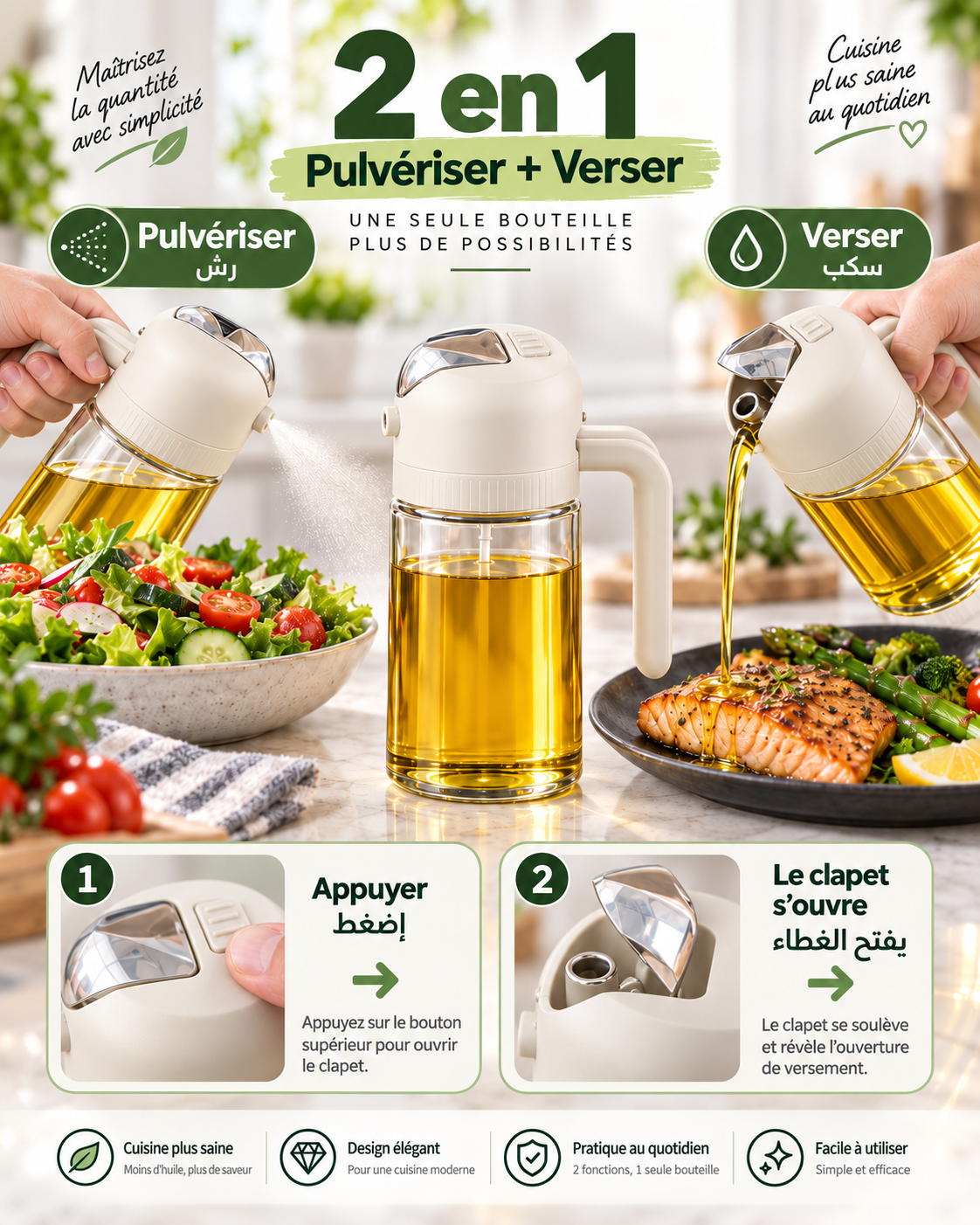 Pulvérisateur & Distributeur d'Huile 2-en-1 (Ensemble Duo 300 ml & 630 ml)