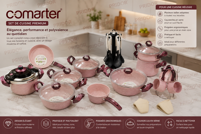 Set de Cuisine Comarter Rose – Batterie Complète avec Couvercles en Verre