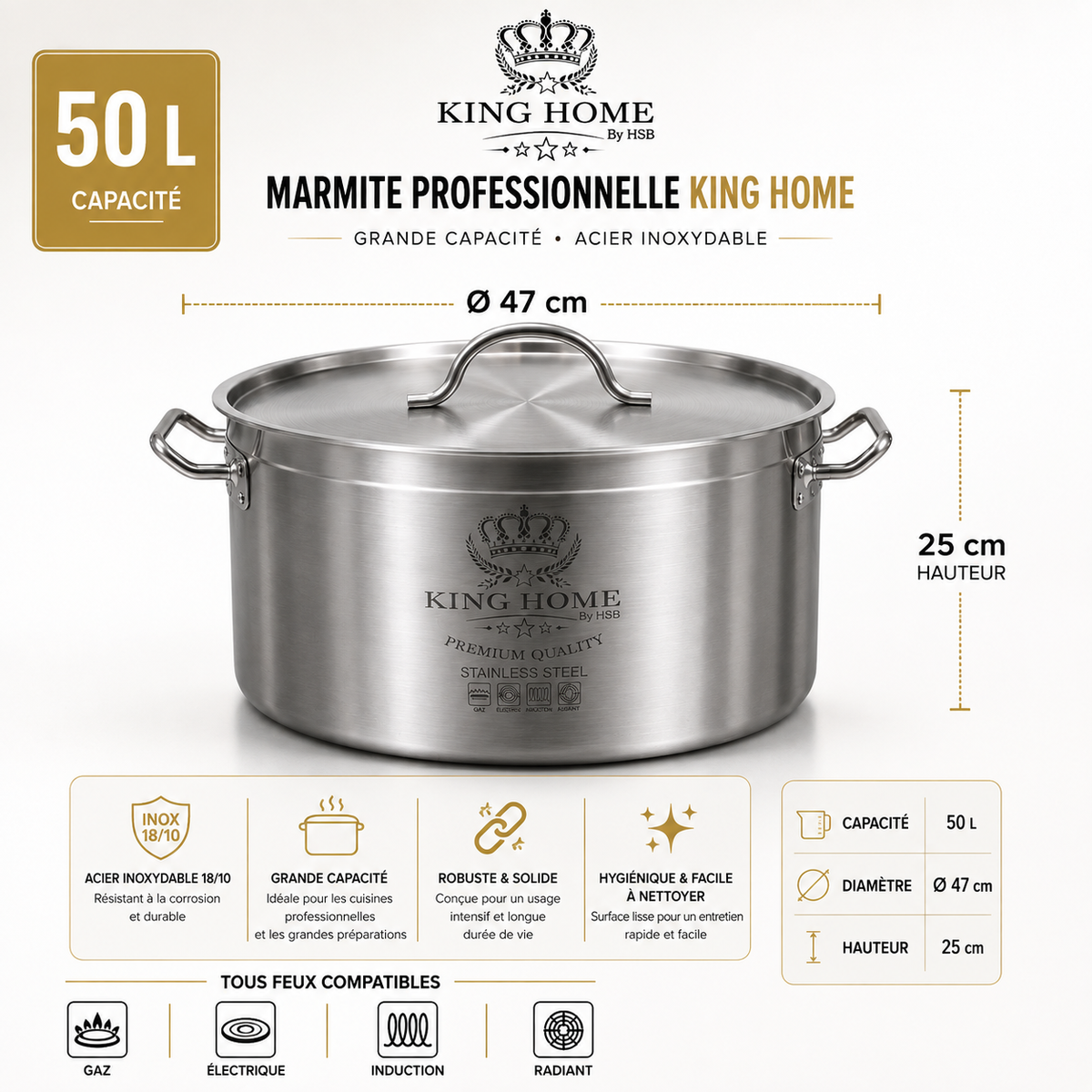 Marmite Professionnelle King Home - 50 L - Acier Inoxydable