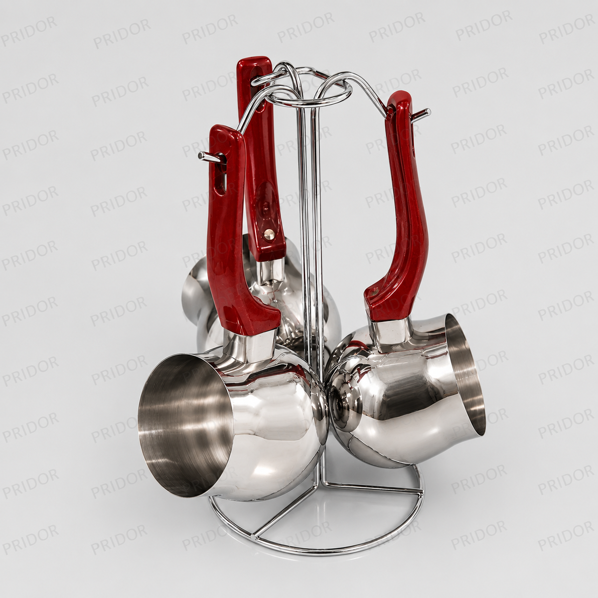 Set de 3 Cafetières Turques en Inox avec Support – Poignées Rouges