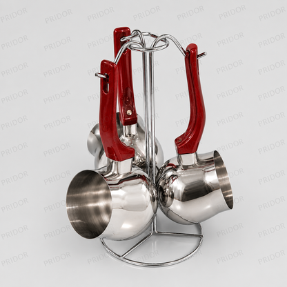 Set de 3 Cafetières Turques en Inox avec Support – Poignées Rouges
