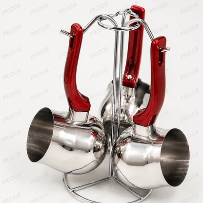 Set de 3 Cafetières Turques en Inox avec Support – Poignées Rouges