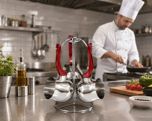 Set de 3 Cafetières Turques en Inox avec Support – Poignées Rouges