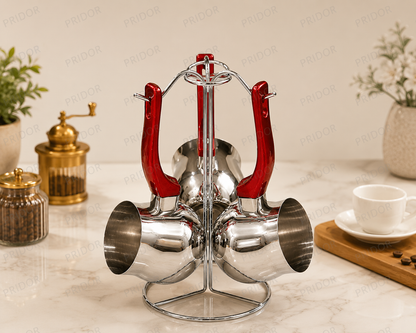 Set de 3 Cafetières Turques en Inox avec Support – Poignées Rouges