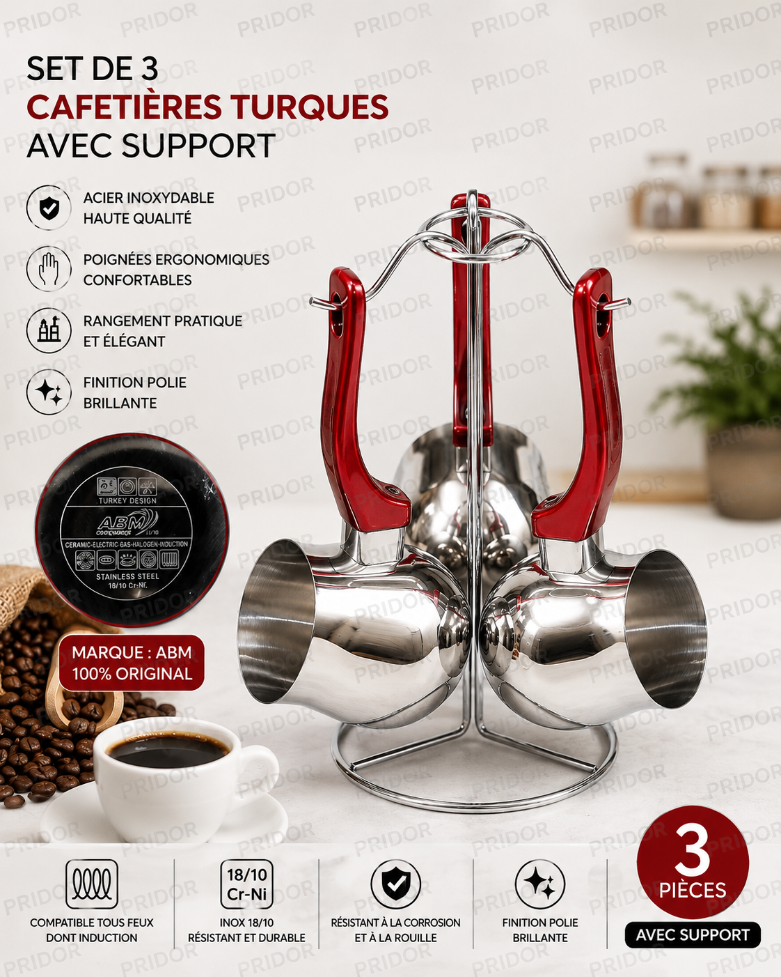 Set de 3 Cafetières Turques en Inox avec Support – Poignées Rouges