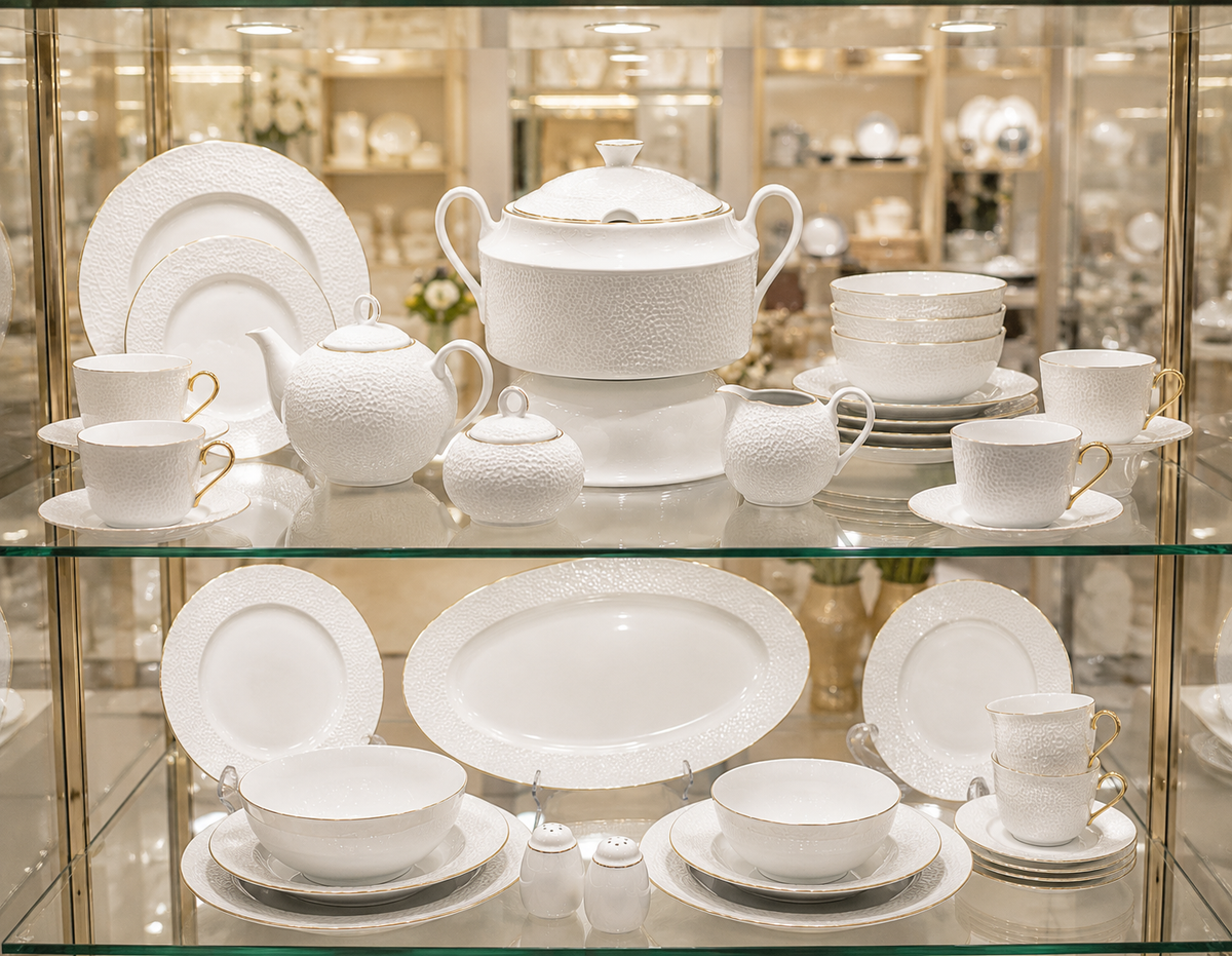 Service de Table Prestigieux "Sillage Martelé" L’Excellence de la Porcelaine Tunisienne (60 pc ou 107 pc)