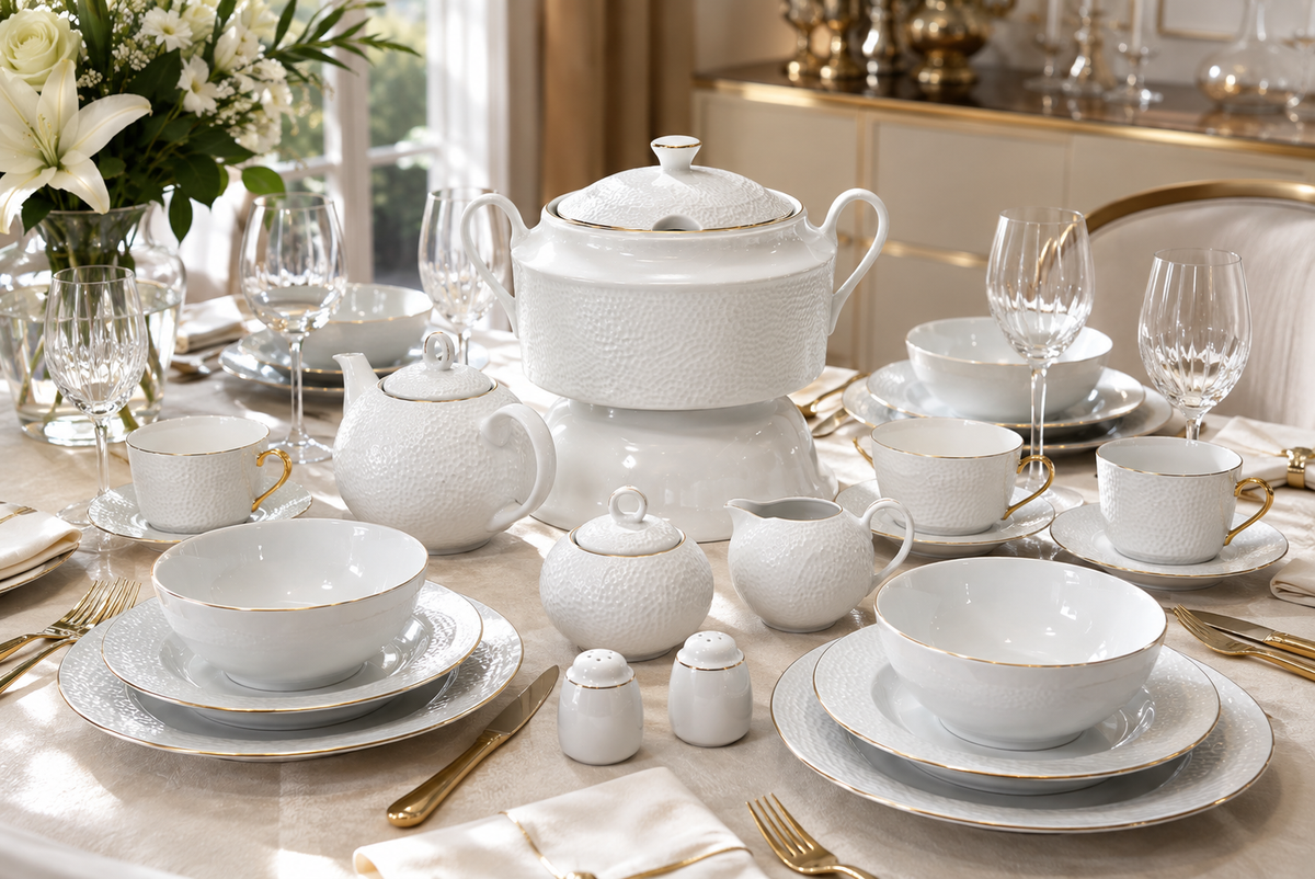 Service de Table Prestigieux "Sillage Martelé" L’Excellence de la Porcelaine Tunisienne (60 pc ou 107 pc)