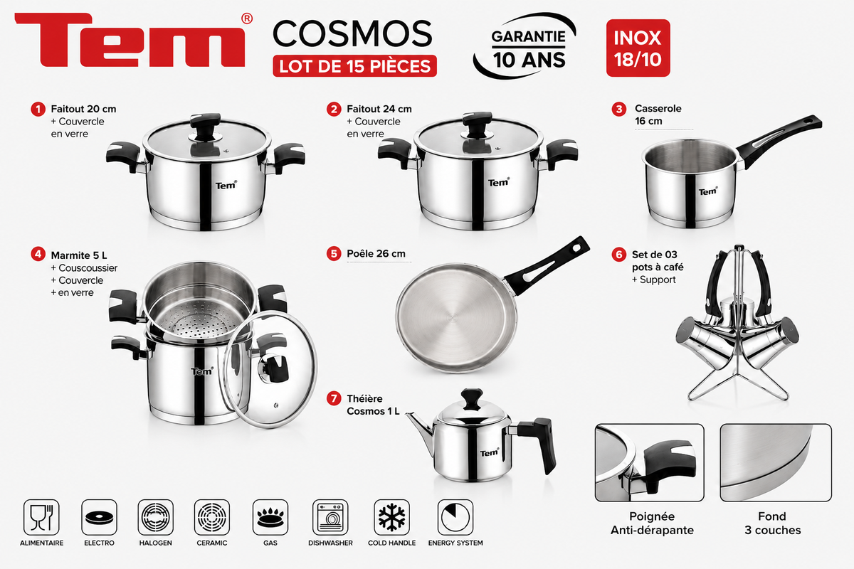 Tem Cosmos - Batterie 15 Pièces - Inox 18/10 - (Garantie 10 ans)