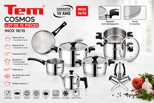 Tem Cosmos - Batterie 15 Pièces - Inox 18/10 - (Garantie 10 ans)