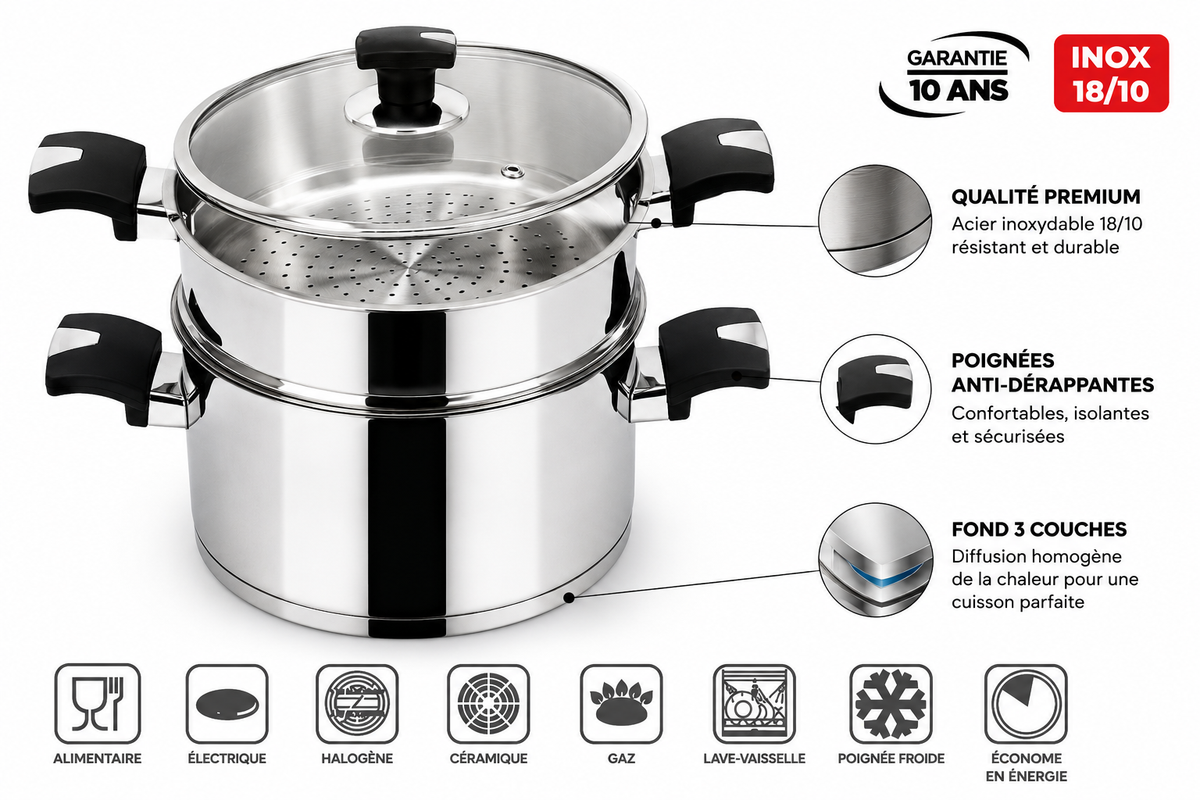 Couscoussière TEM Cosmos Cosmos - Inox 18/10 (5L ou 7L) (Garantie 10 ans)