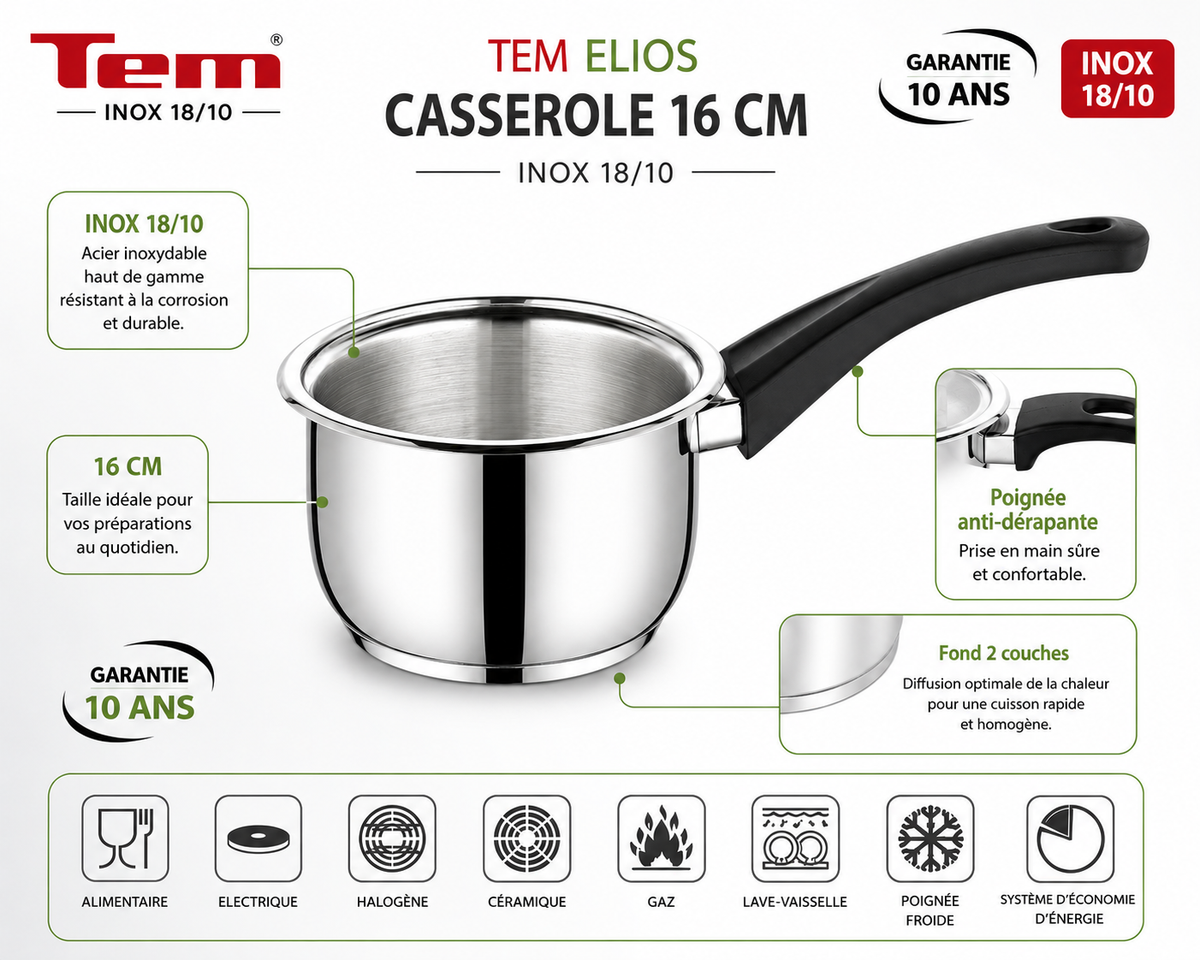 Tem Elios Casserole 16cm - Inox 18/10 - (Garantie 10 ans)