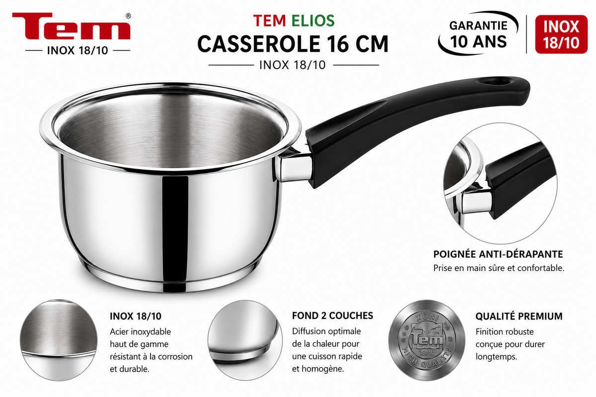 Tem Elios Casserole 16cm - Inox 18/10 - (Garantie 10 ans)