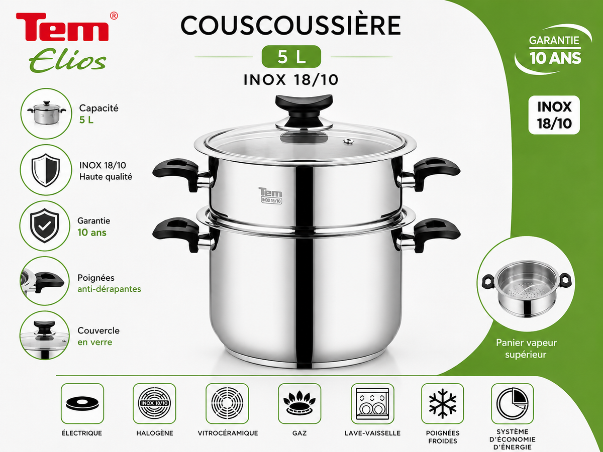 Tem Elios Couscousière 5L - Inox 18/10 - (Garantie 10 ans)