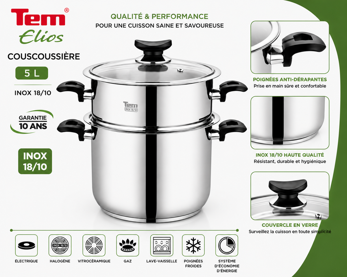 Tem Elios Couscousière 5L - Inox 18/10 - (Garantie 10 ans)