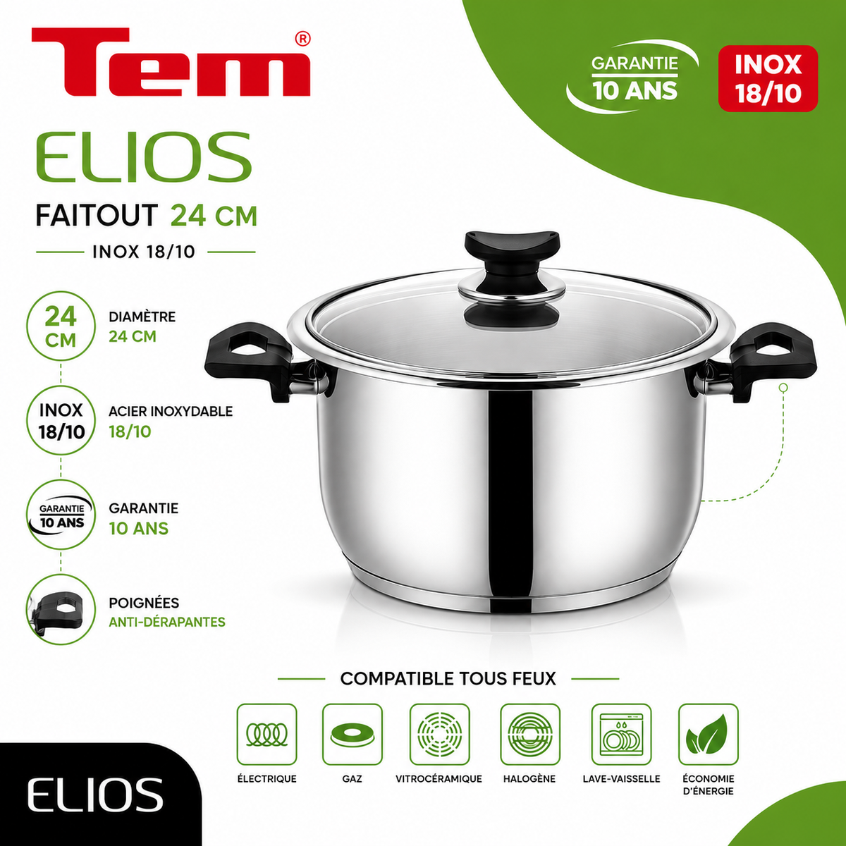 TEM Elios Faitout 24cm - Inox 18/10 - (Garantie 10 ans)