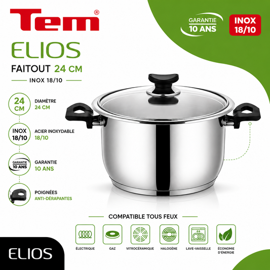 TEM Elios Faitout 24cm - Inox 18/10 - (Garantie 10 ans)