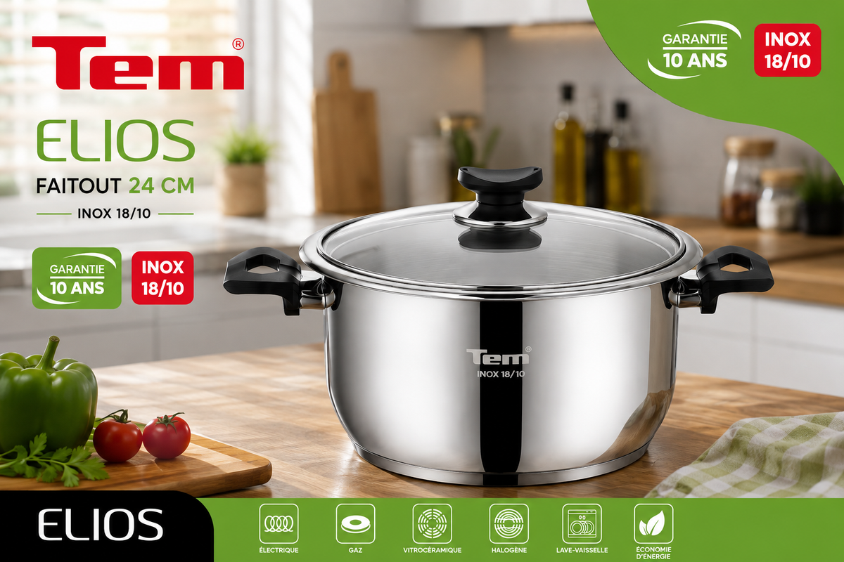 TEM Elios Faitout 24cm - Inox 18/10 - (Garantie 10 ans)