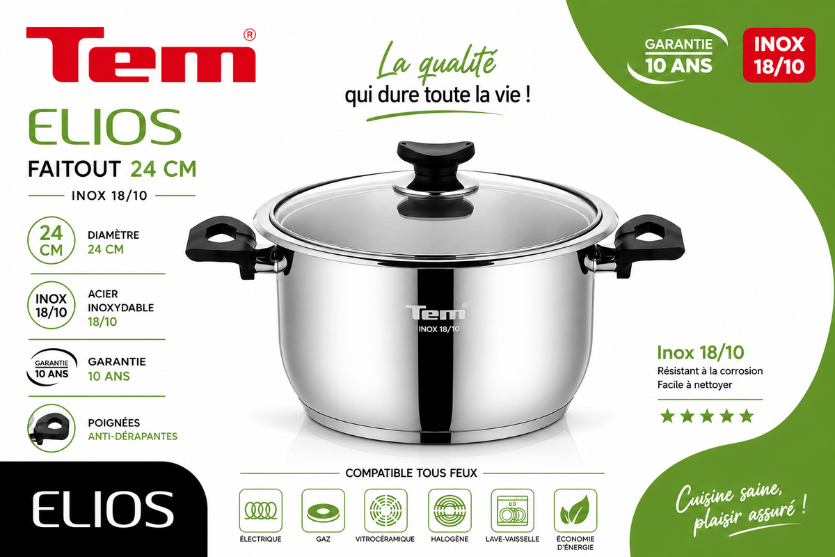 TEM Elios Faitout 24cm - Inox 18/10 - (Garantie 10 ans)