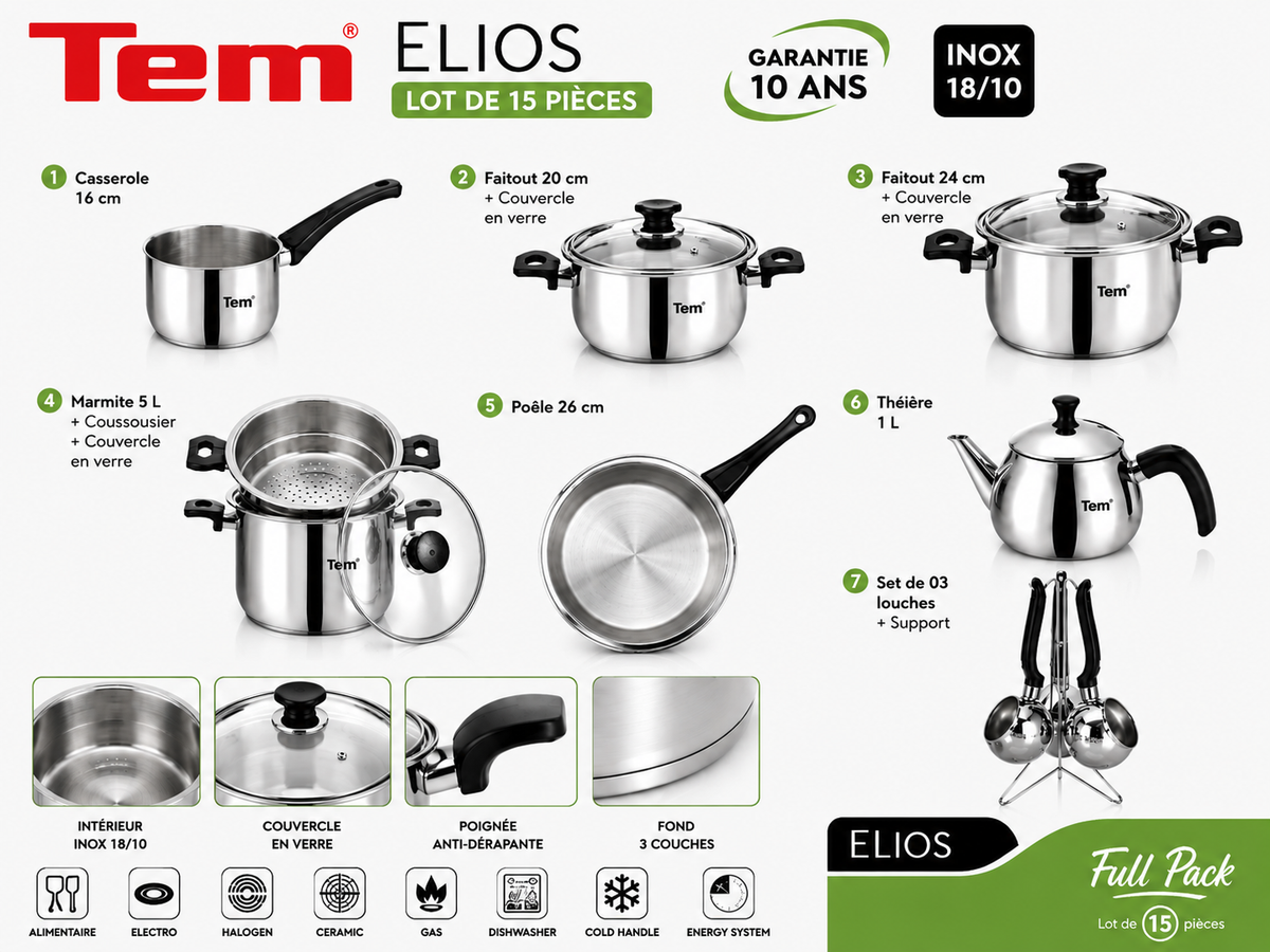 Tem Elios - Batterie 15 Pièces - Inox 18/10 - (Garantie 10 ans)