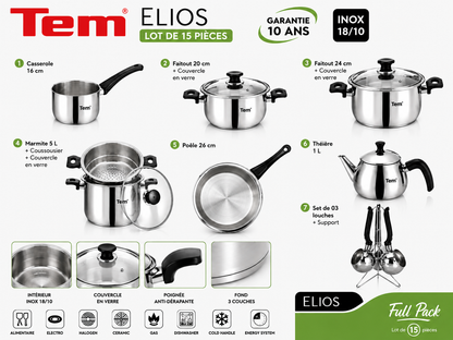 Tem Elios - Batterie 15 Pièces - Inox 18/10 - (Garantie 10 ans)