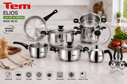 Tem Elios - Batterie 15 Pièces - Inox 18/10 - (Garantie 10 ans)
