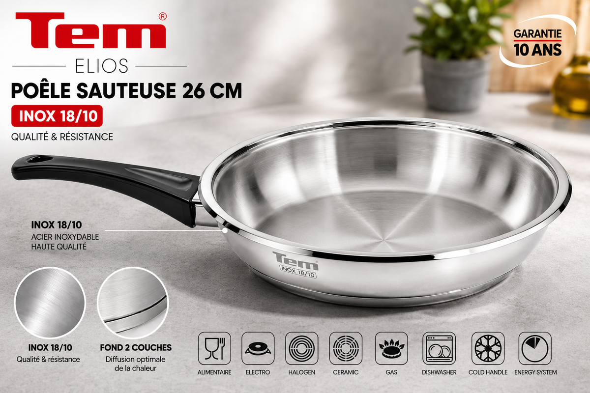 Tem Elios Poele sauteuse 26cm - Inox 18/10 - (Garantie 10 ans)