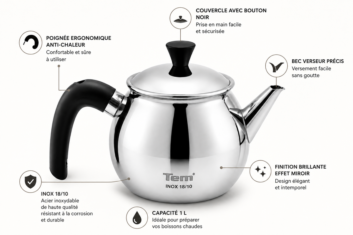 Tem Elios Théière - Inox 18/10 - (Garantie 10 ans)
