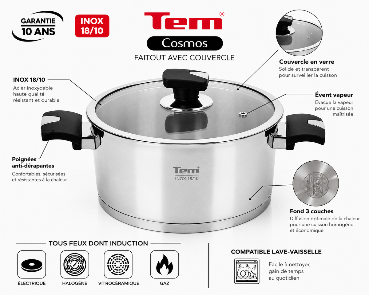 Faitout TEM Cosmos Inox 18/10 – Collection Cosmos (20cm, 24cm, 26) (Garantie 10 ans)