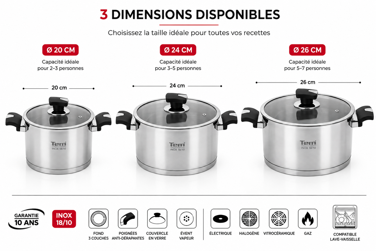 Faitout TEM Cosmos Inox 18/10 – Collection Cosmos (20cm, 24cm, 26) (Garantie 10 ans)