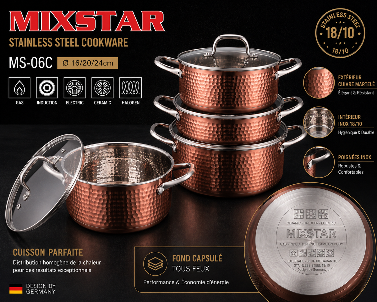 Batterie de cuisine Mixstar MS-06C – 6 pièces (16, 20, 24 cm)