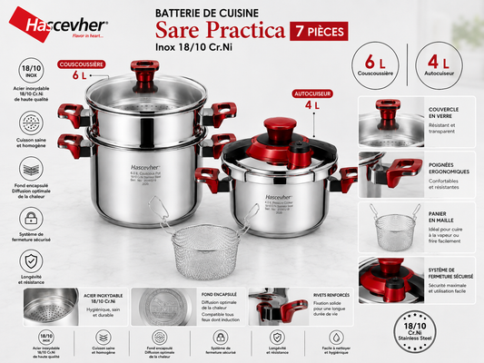 Batterie de Cuisine Hascevher Sare Practica - 7 Pièces - Inox 18/10