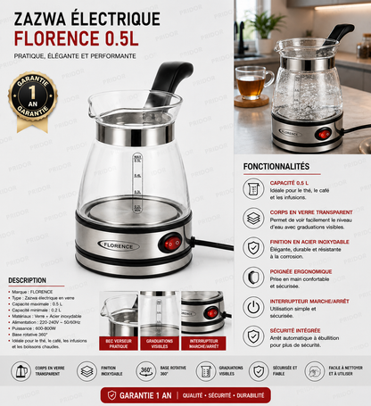 Bouilloire Électrique en Verre FLORENCE – 0,5 L (Garantie 1 ans)