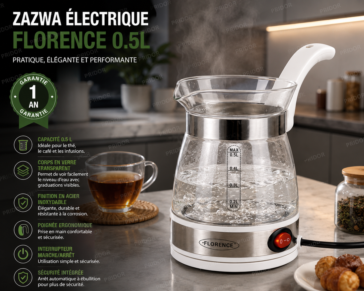 Bouilloire Électrique en Verre FLORENCE – 0,5 L (Garantie 1 ans)