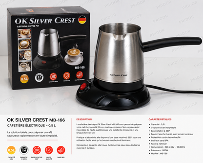 Cafetière Électrique Silver Crest MB-166 – 0,5 L – Inox – Base Rotative 360°