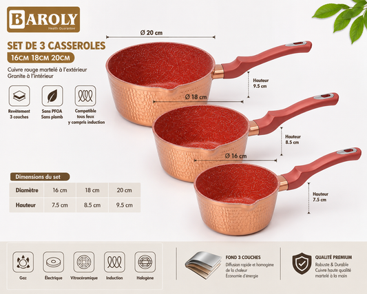 Set de 3 Casseroles Baroly – Élégance Cuivrée & Performance Granit
