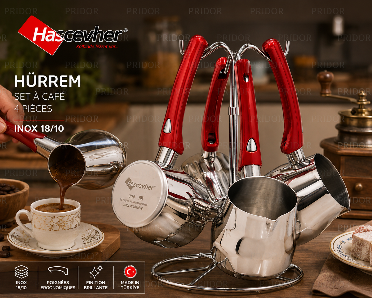 Set à Café 4 Pièces en inox 18/10 Hürrem (Yaprak) Hascevher - L'Art du Café Traditionnel avec Élégance