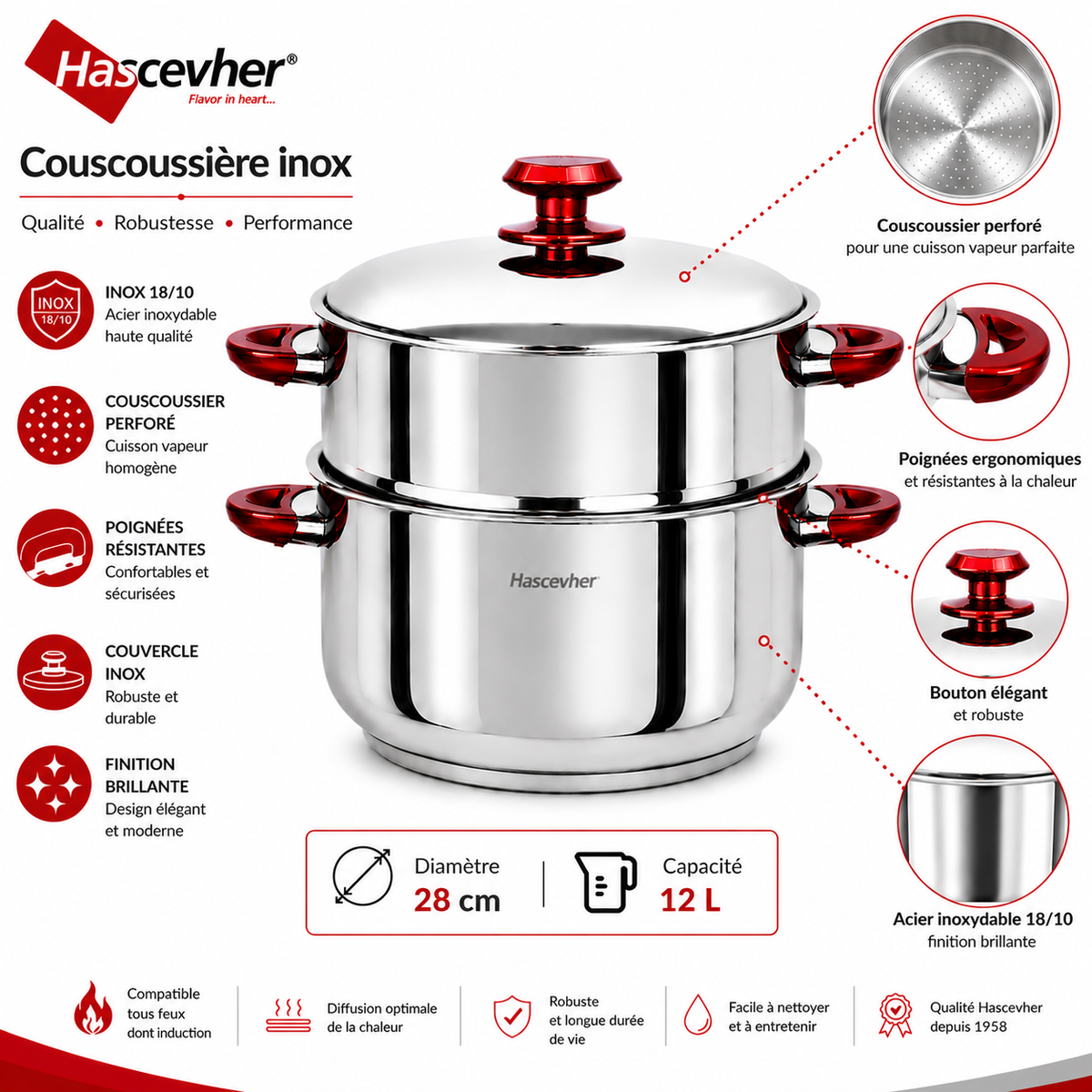Couscoussière Hascevher Inox – 28 cm / 12 L