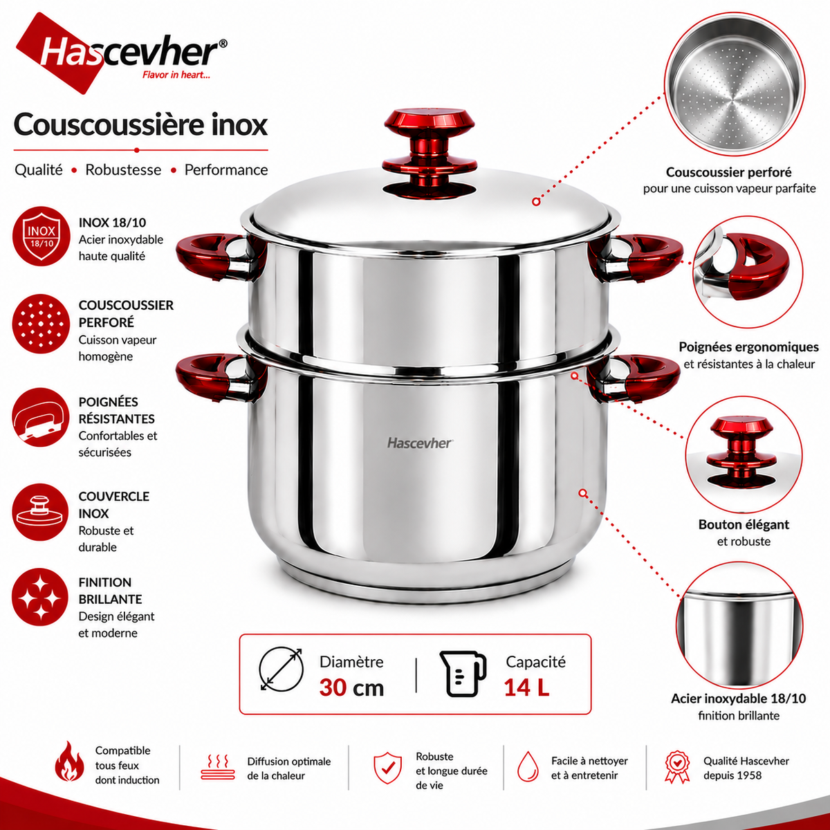 Couscoussière Hascevher Inox – 28 cm / 12 L