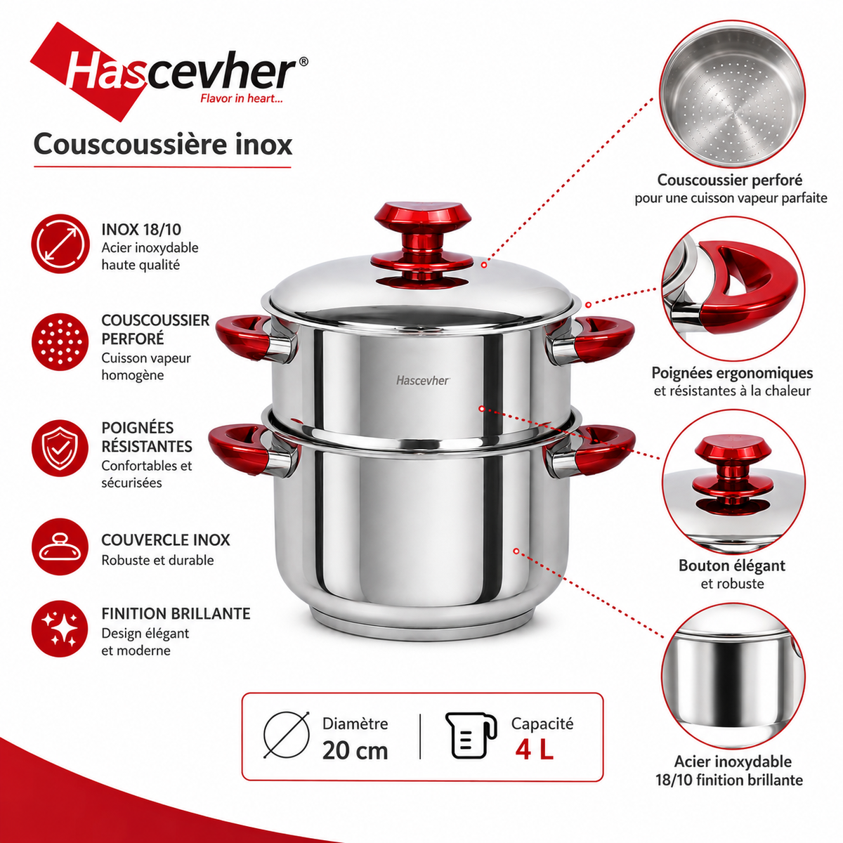 Couscoussière Hascevher Inox – 20 cm / 4 L