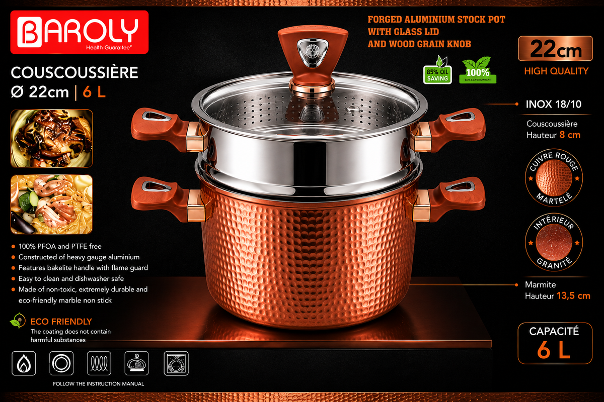 Couscoussière Baroly 22 cm – 6L : L'Excellence de la Cuisine au Quotidien