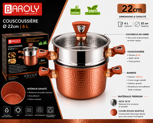 Couscoussière Baroly 22 cm – 6L : L'Excellence de la Cuisine au Quotidien