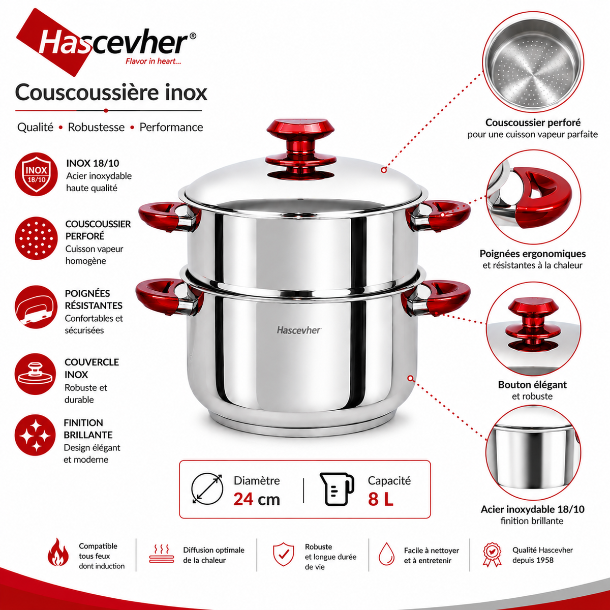 Couscoussière Hascevher Inox – 24 cm / 8L